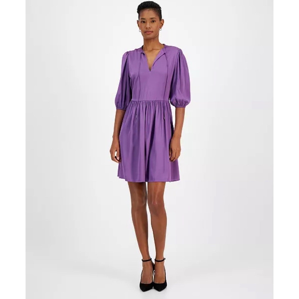 BOSS Women's Dorena Solid-Color Elbow-Sleeve A-Line Dress Purple Size Large!